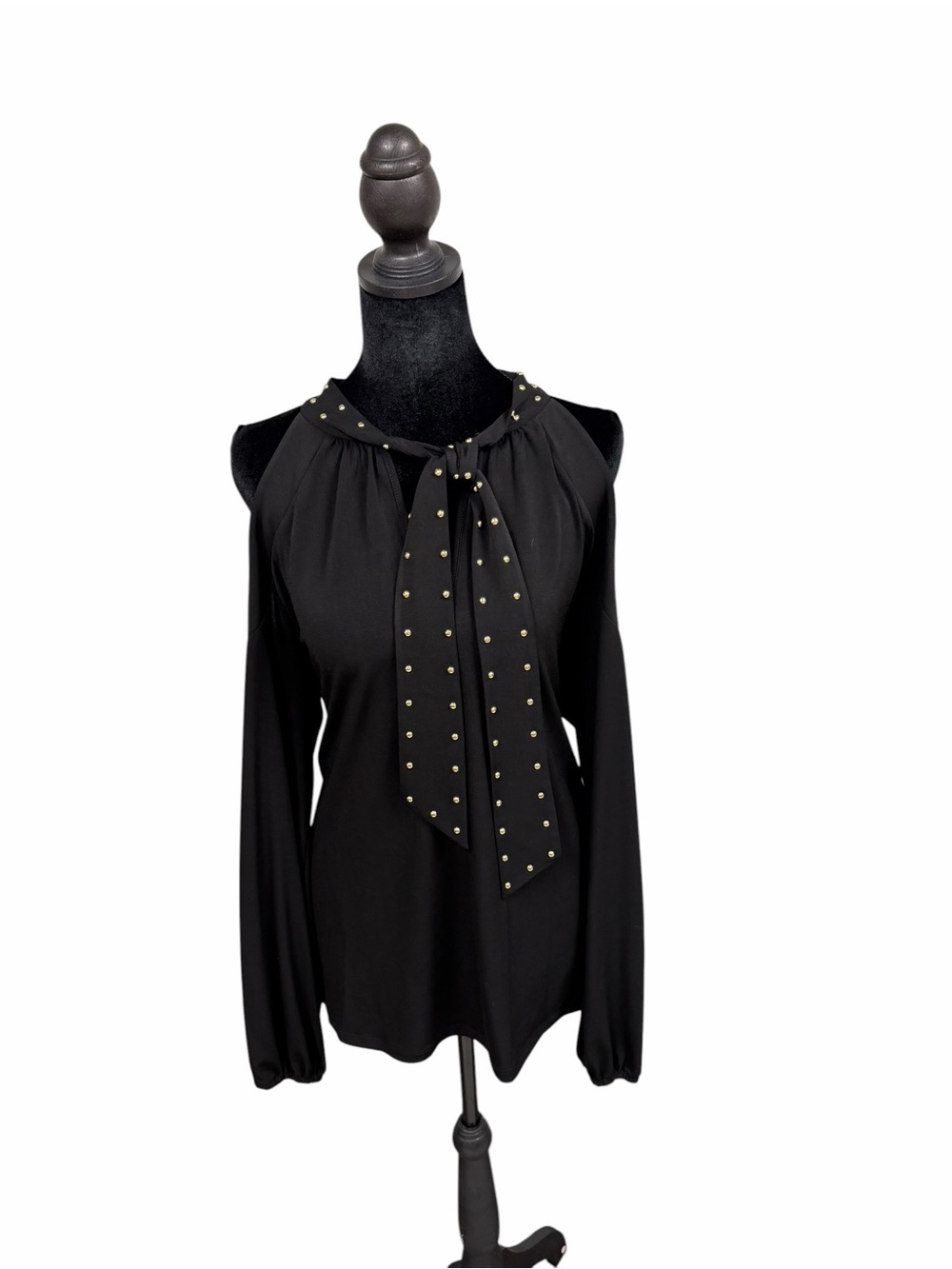 Micheal Kors Black Stud-Accent Cold-Shoulder Tie Neck Top